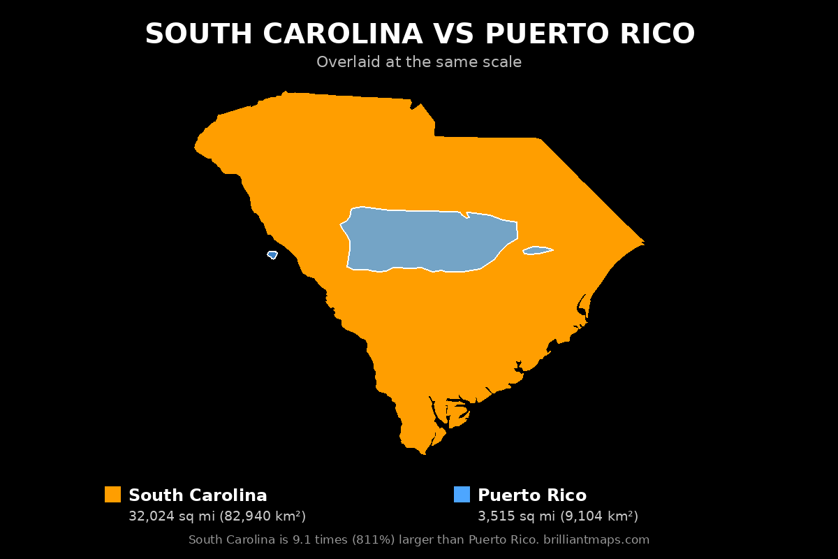 South Carolina vs Puerto Rico Size Comparison Map