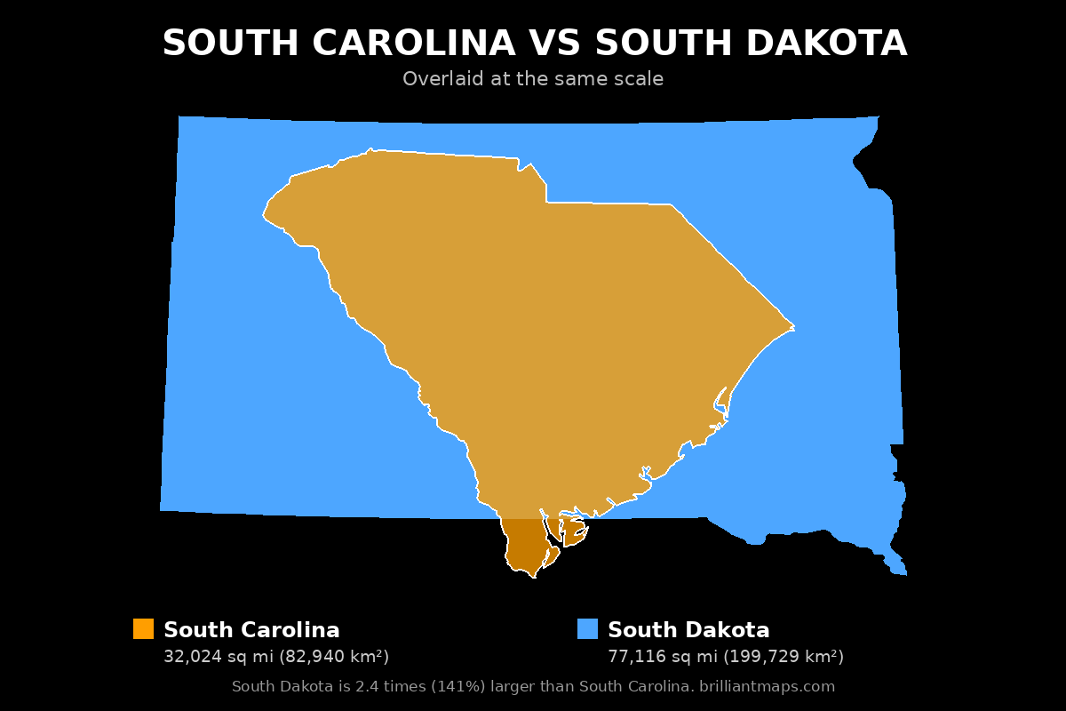 South Carolina vs South Dakota Size Comparison Map