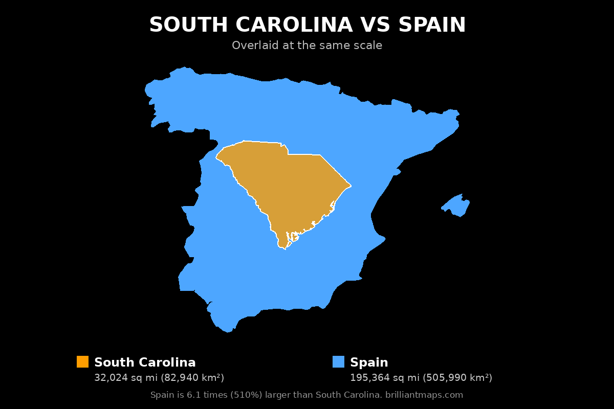 South Carolina vs Spain Size Comparison Map