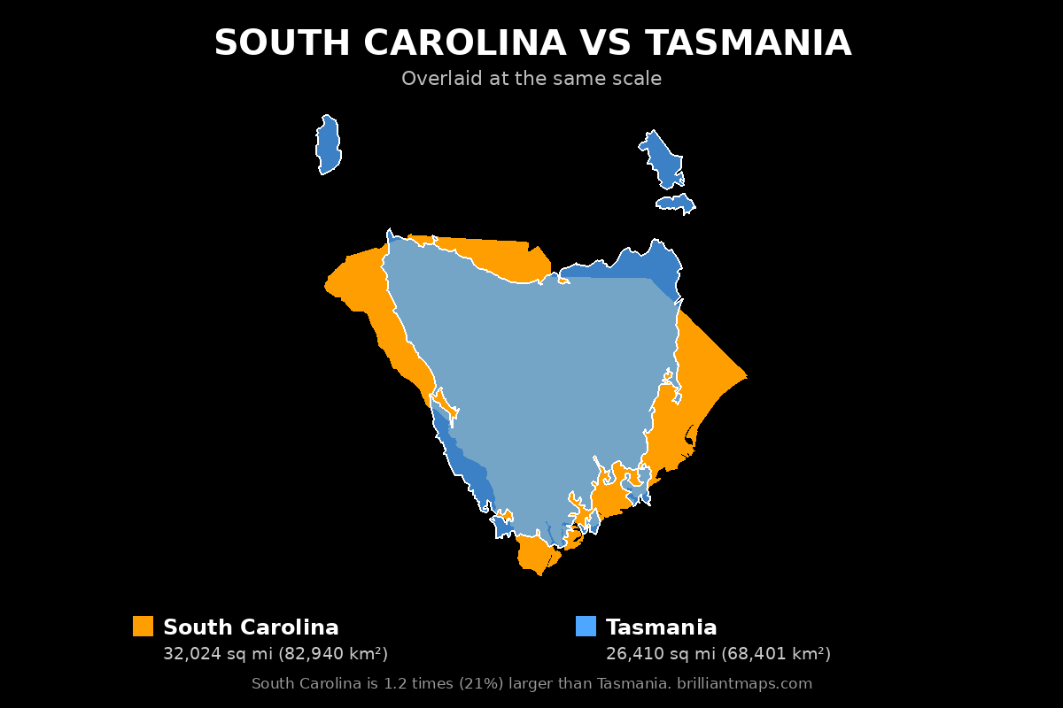 South Carolina vs Tasmania Size Comparison Map