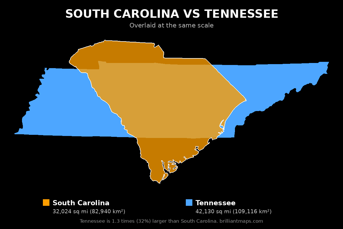 South Carolina vs Tennessee Size Comparison Map