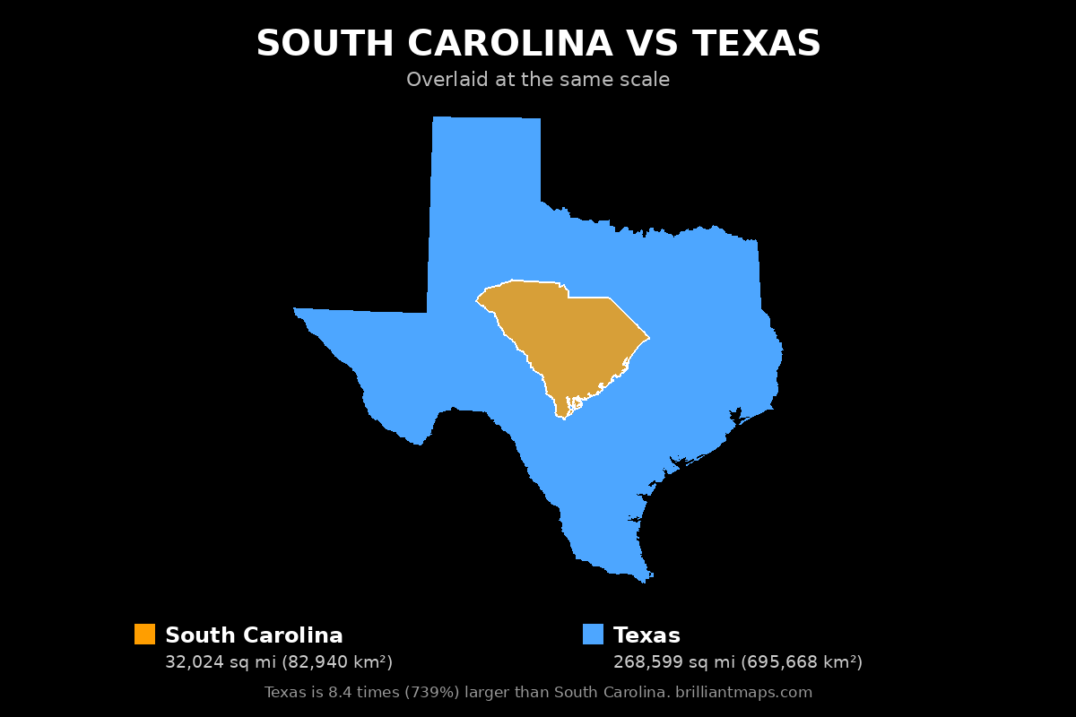 South Carolina vs Texas Size Comparison Map