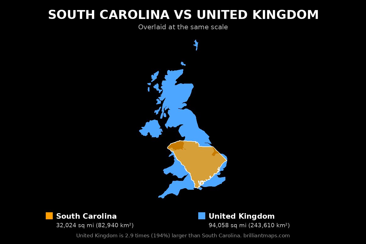 South Carolina vs United Kingdom Size Comparison Map
