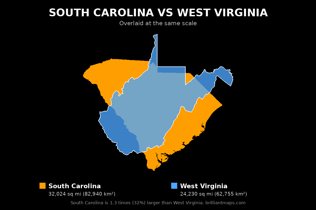South Carolina vs West Virginia Size Comparison Map