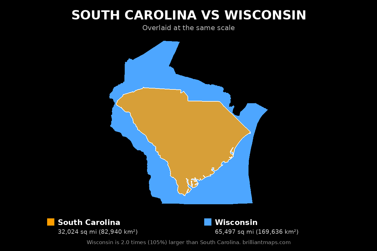 South Carolina vs Wisconsin Size Comparison Map