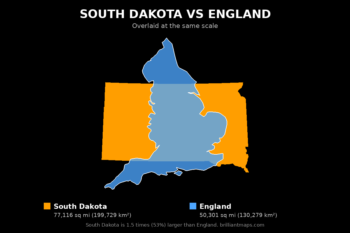 South Dakota vs England Size Comparison Map