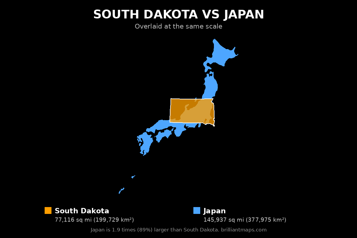 South Dakota vs Japan Size Comparison Map