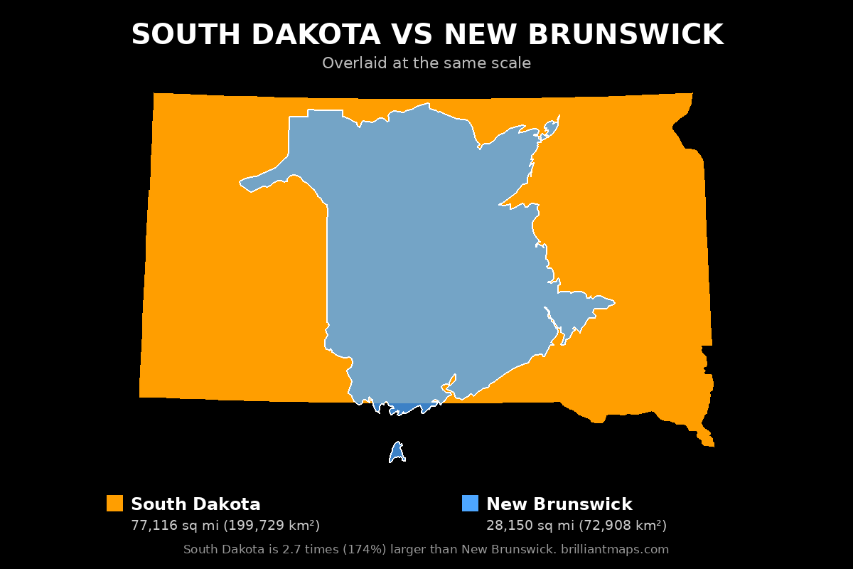 South Dakota vs New Brunswick Size Comparison Map