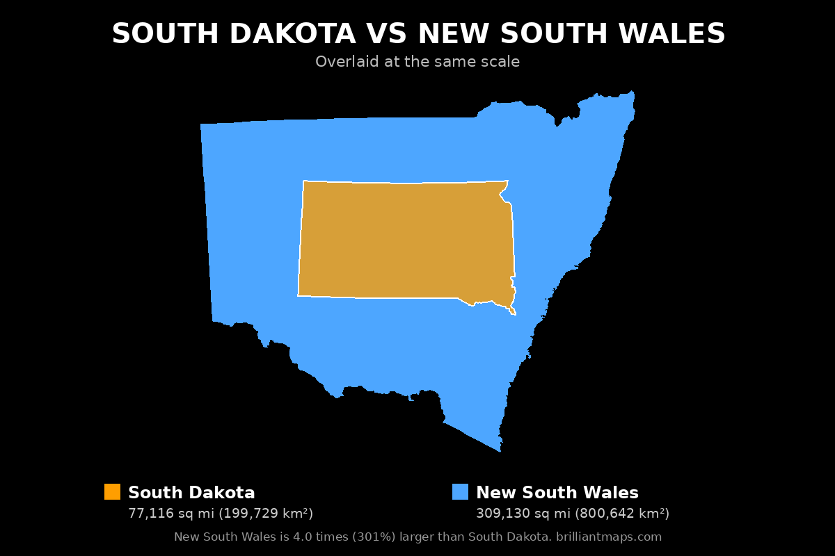 South Dakota vs New South Wales Size Comparison Map