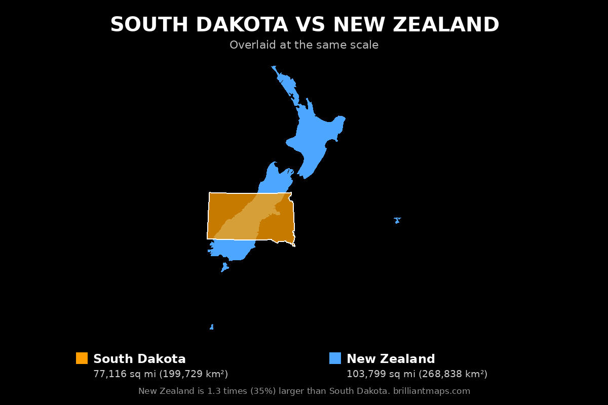 South Dakota vs New Zealand Size Comparison Map