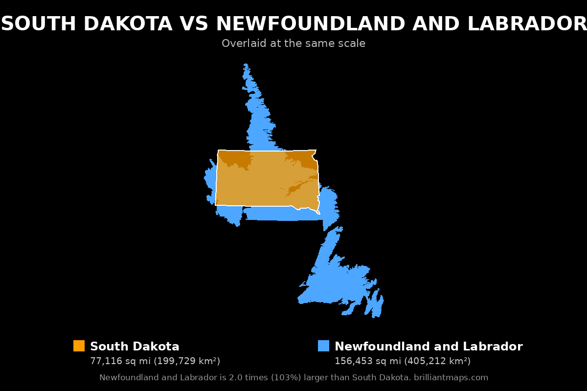 South Dakota vs Newfoundland and Labrador Size Comparison Map