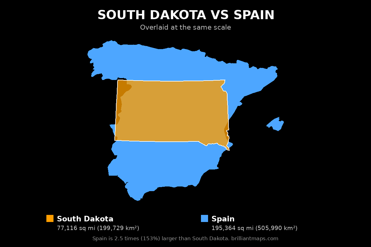 South Dakota vs Spain Size Comparison Map
