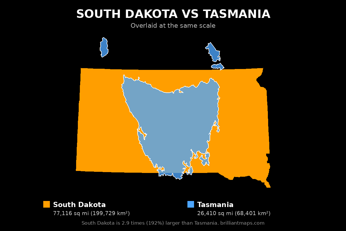 South Dakota vs Tasmania Size Comparison Map