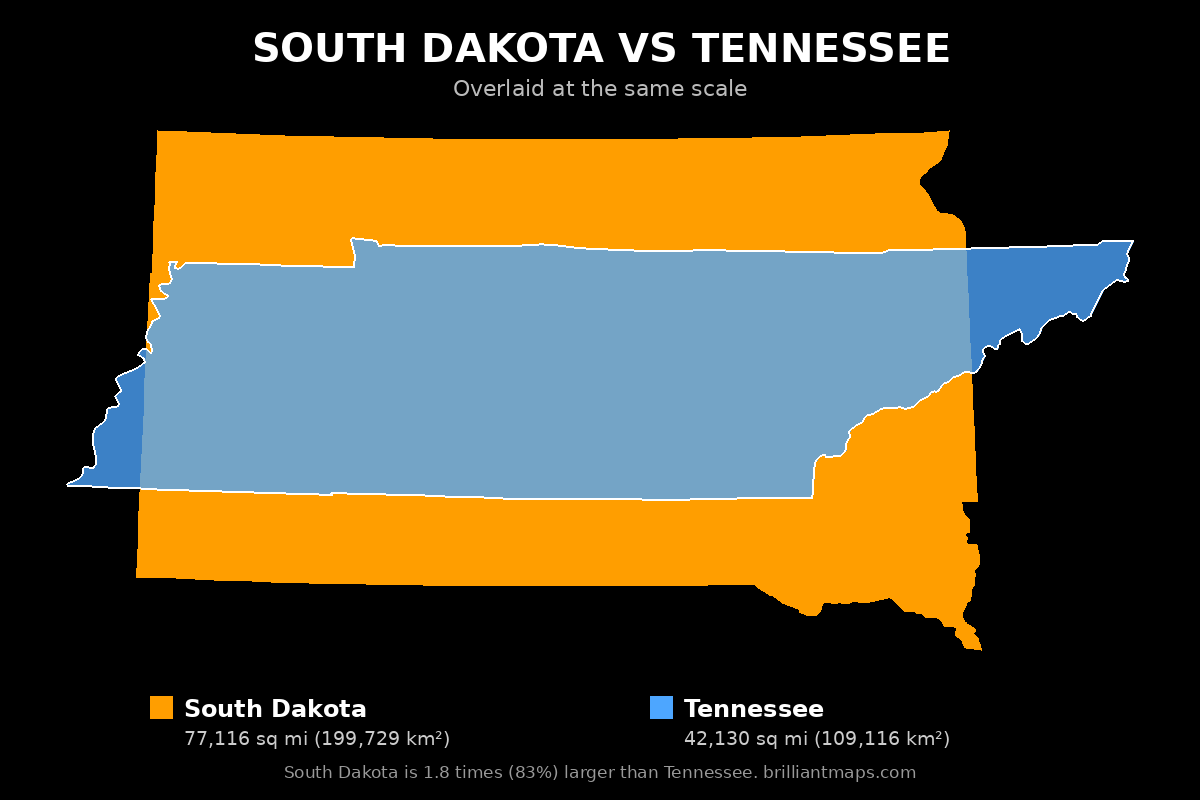 South Dakota vs Tennessee Size Comparison Map