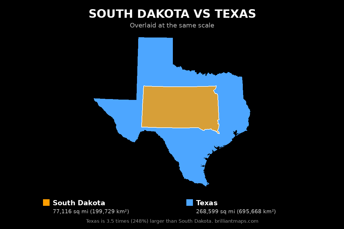 South Dakota vs Texas Size Comparison Map