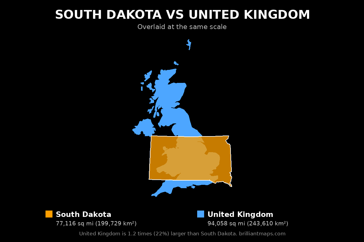 South Dakota vs United Kingdom Size Comparison Map