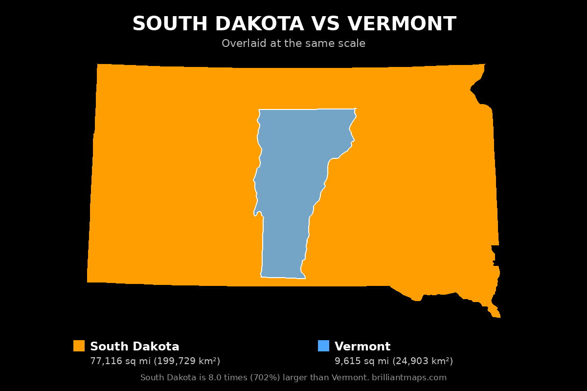South Dakota vs Vermont Size Comparison Map
