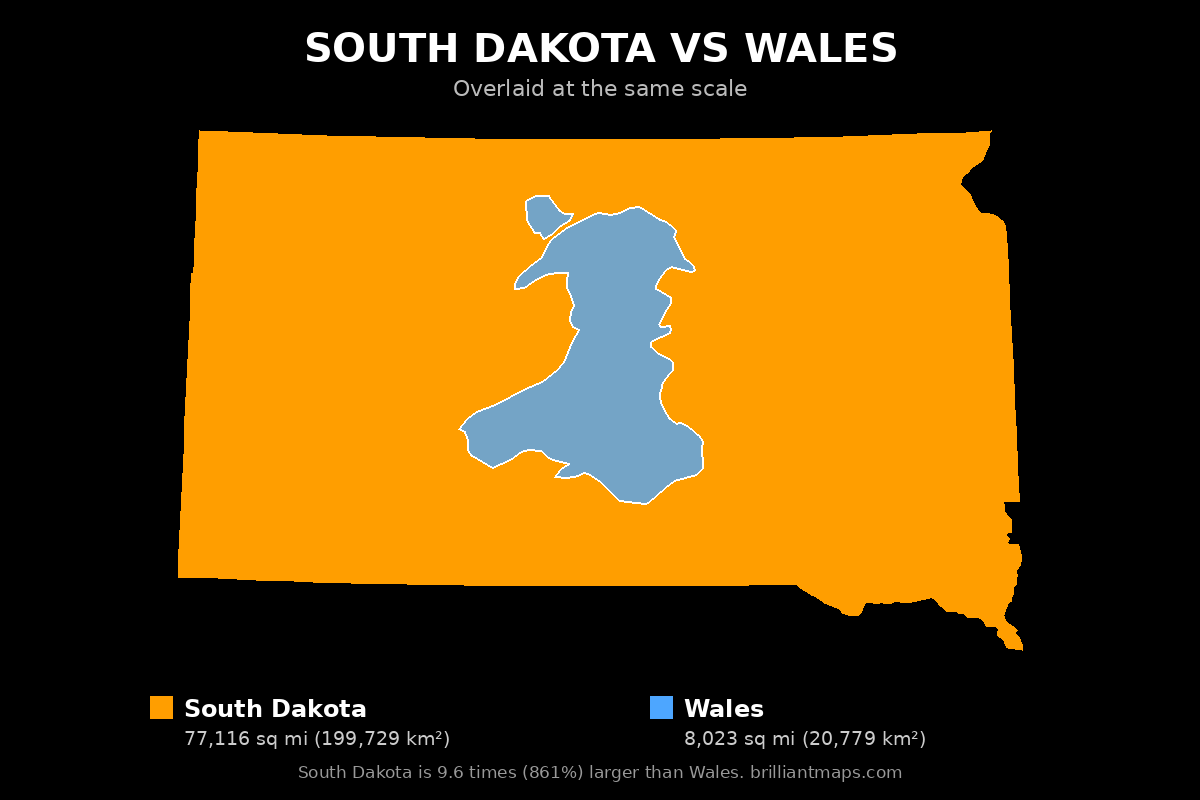 South Dakota vs Wales Size Comparison Map