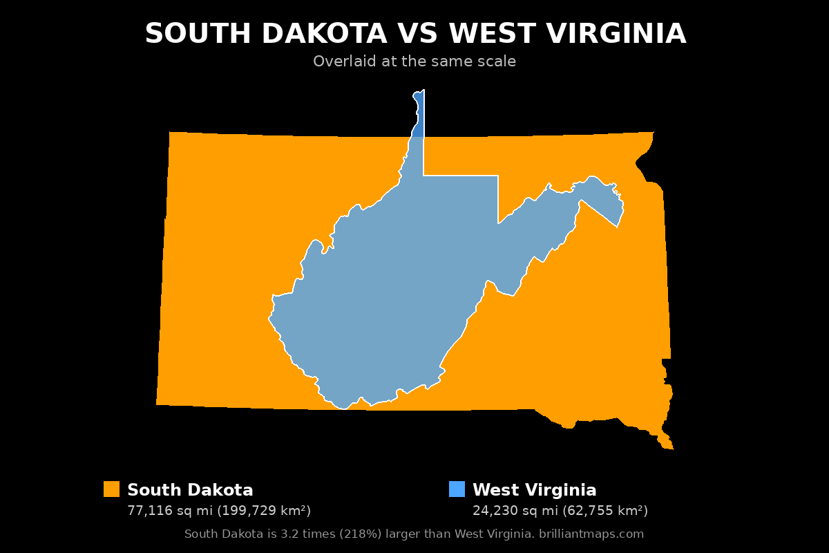 South Dakota vs West Virginia Size Comparison Map