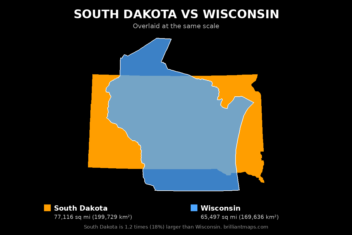 South Dakota vs Wisconsin Size Comparison Map