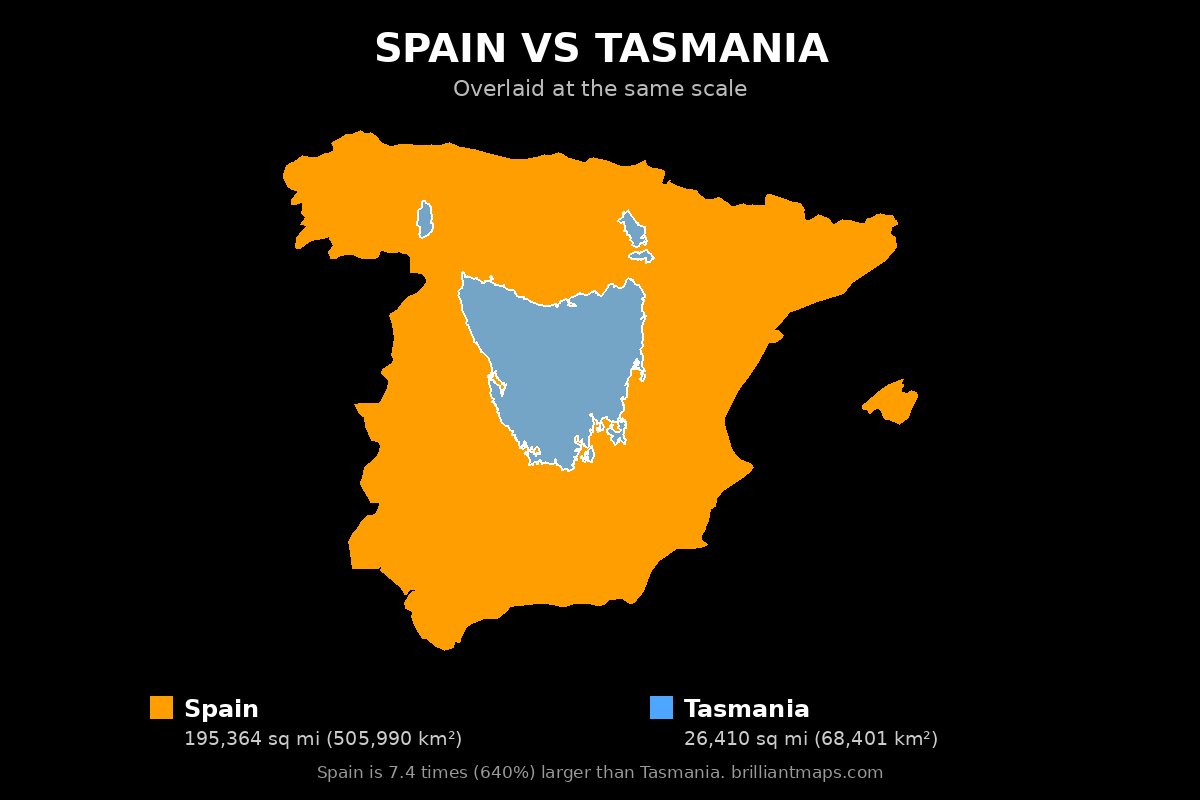 Spain vs Tasmania Size Comparison Map