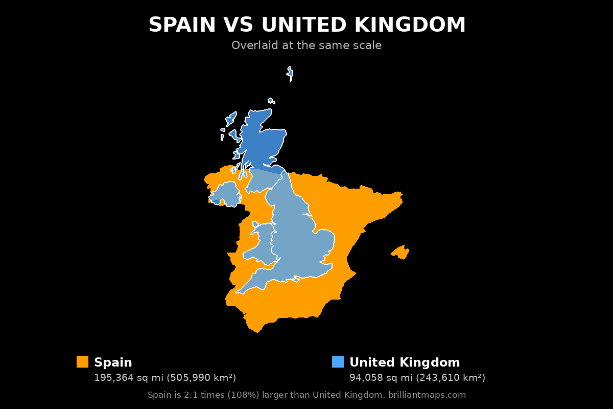 Spain vs United Kingdom Size Comparison Map