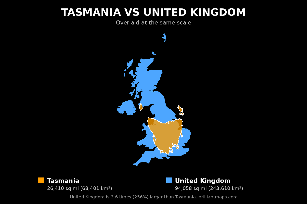 Tasmania vs United Kingdom Size Comparison Map