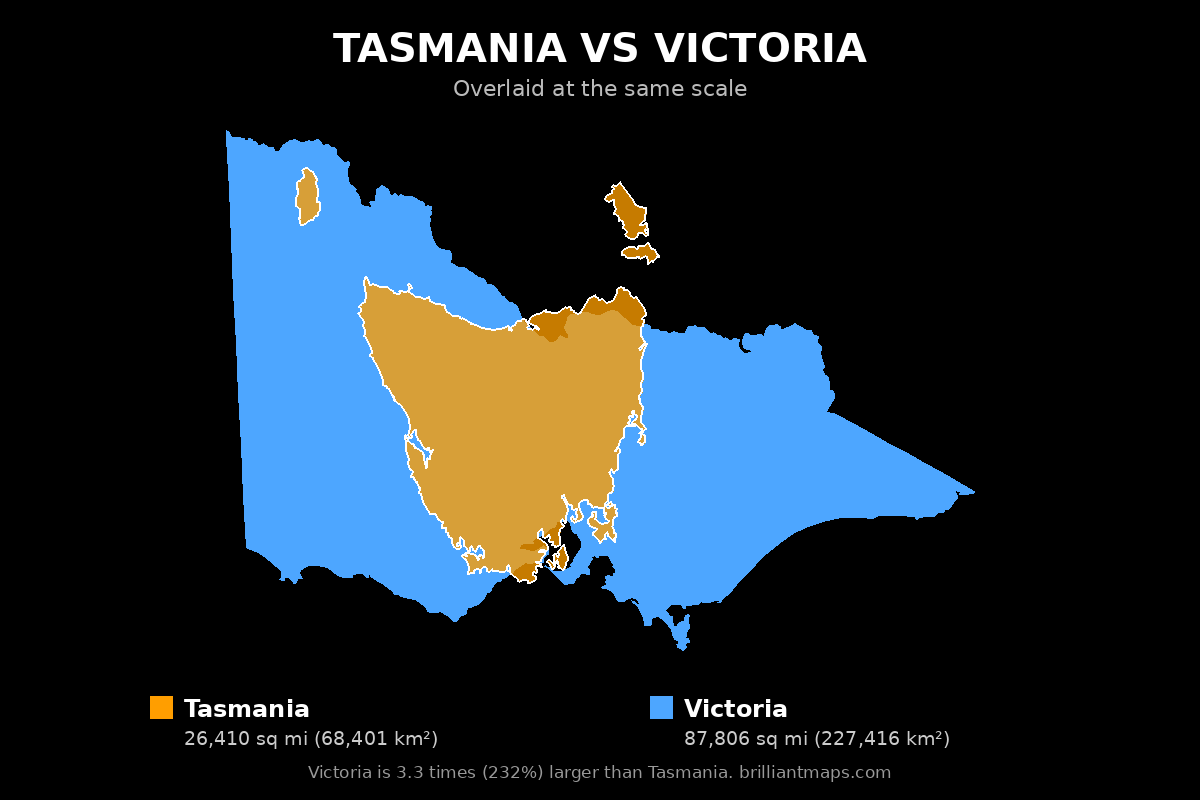 Tasmania vs Victoria Size Comparison Map
