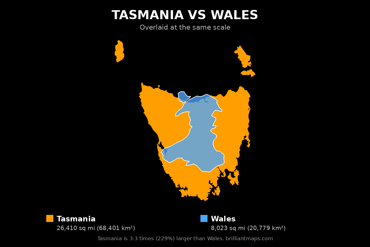 Tasmania vs Wales Size Comparison Map