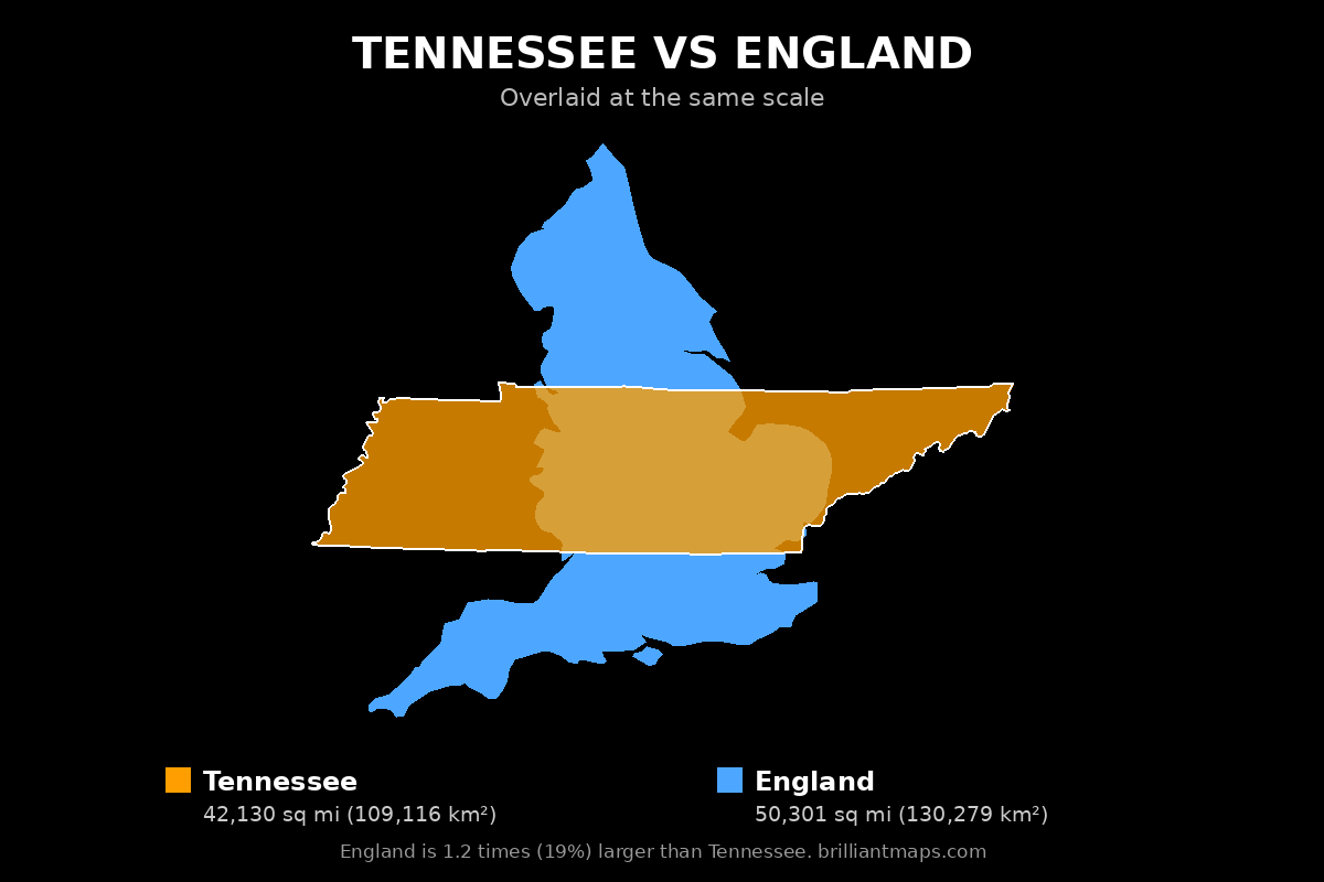 Tennessee vs England Size Comparison Map
