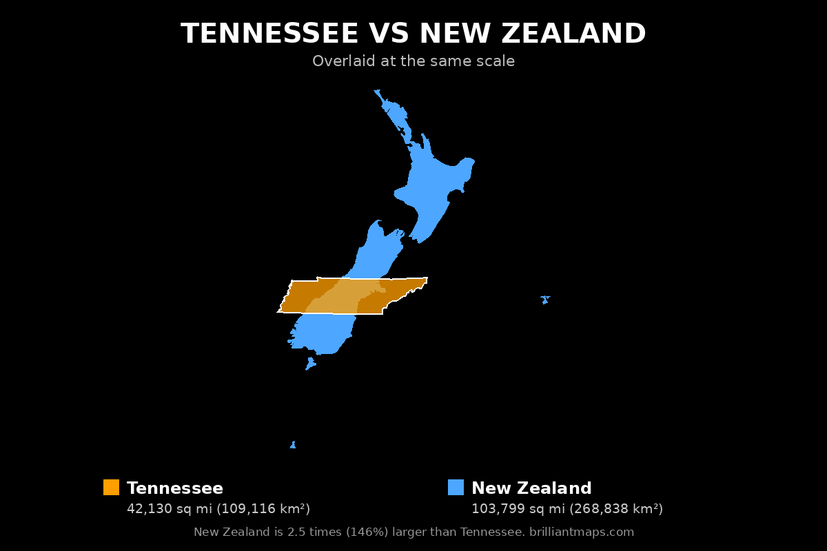 Tennessee vs New Zealand Size Comparison Map