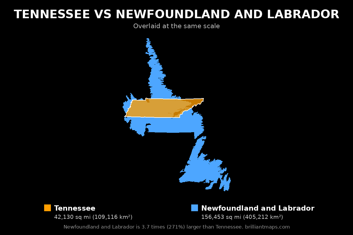 Tennessee vs Newfoundland and Labrador Size Comparison Map