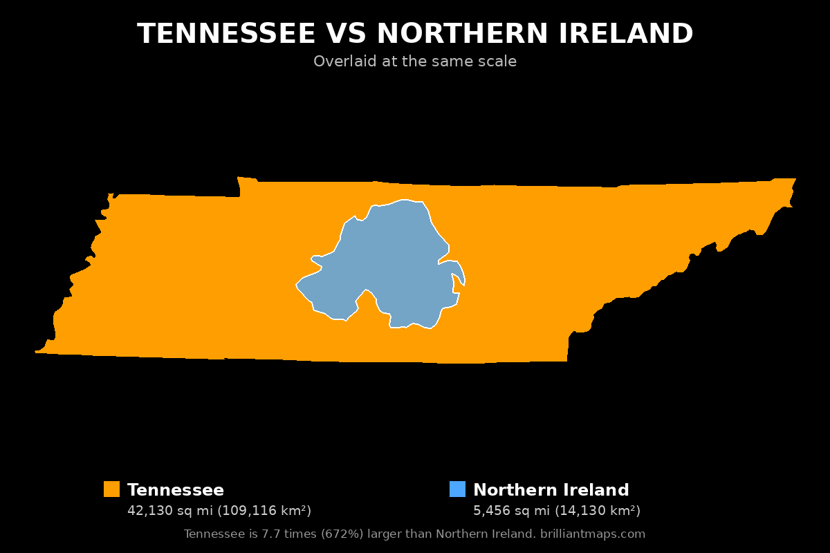 Tennessee vs Northern Ireland Size Comparison Map