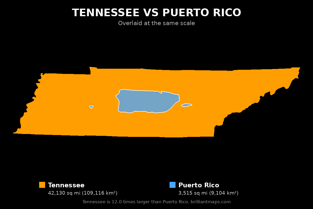 Tennessee vs Puerto Rico Size Comparison Map