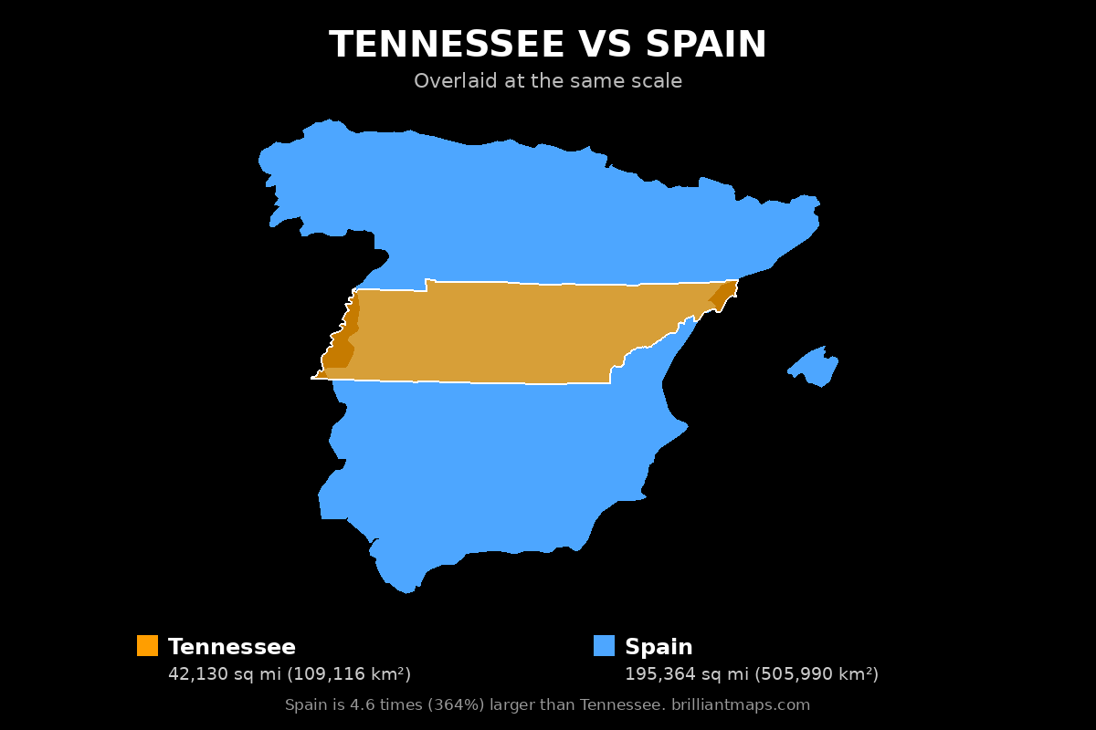 Tennessee vs Spain Size Comparison Map