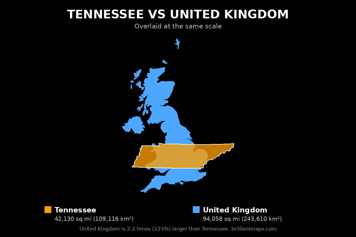 Tennessee vs United Kingdom Size Comparison Map
