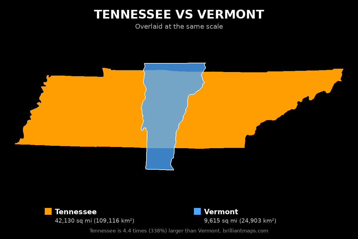 Tennessee vs Vermont Size Comparison Map