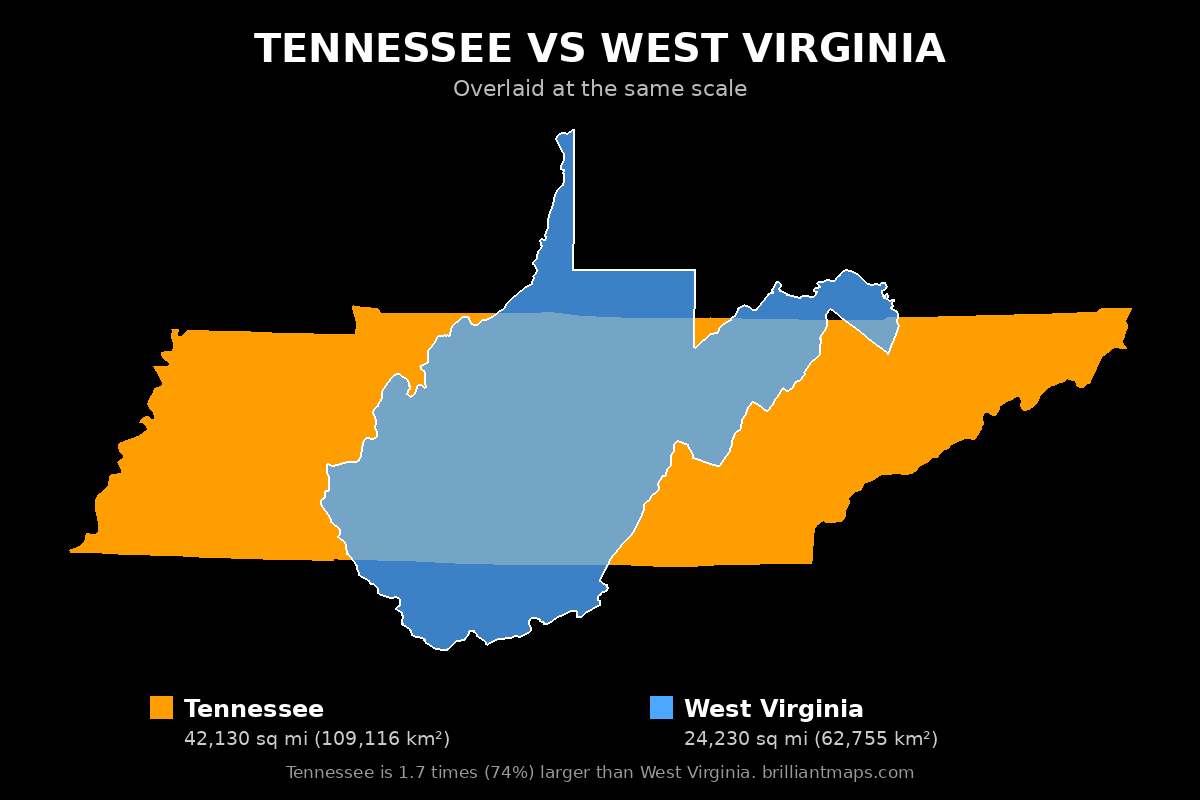 Tennessee vs West Virginia Size Comparison Map
