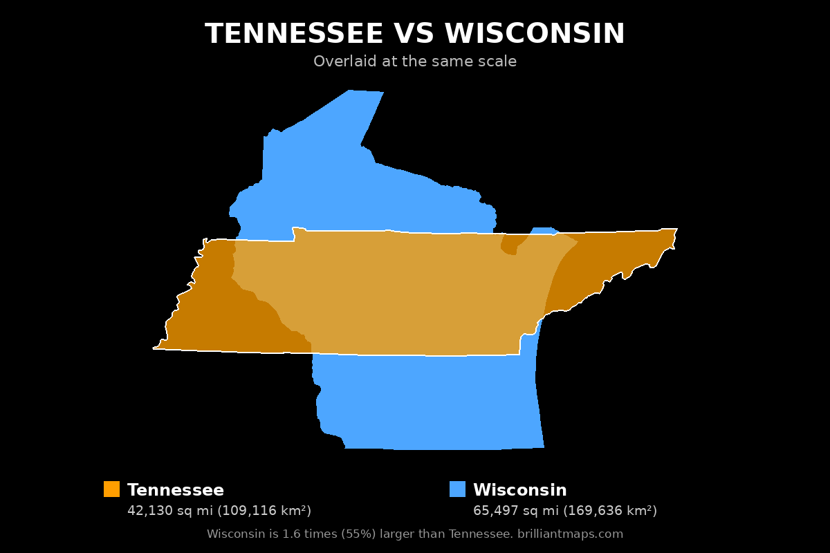 Tennessee vs Wisconsin Size Comparison Map