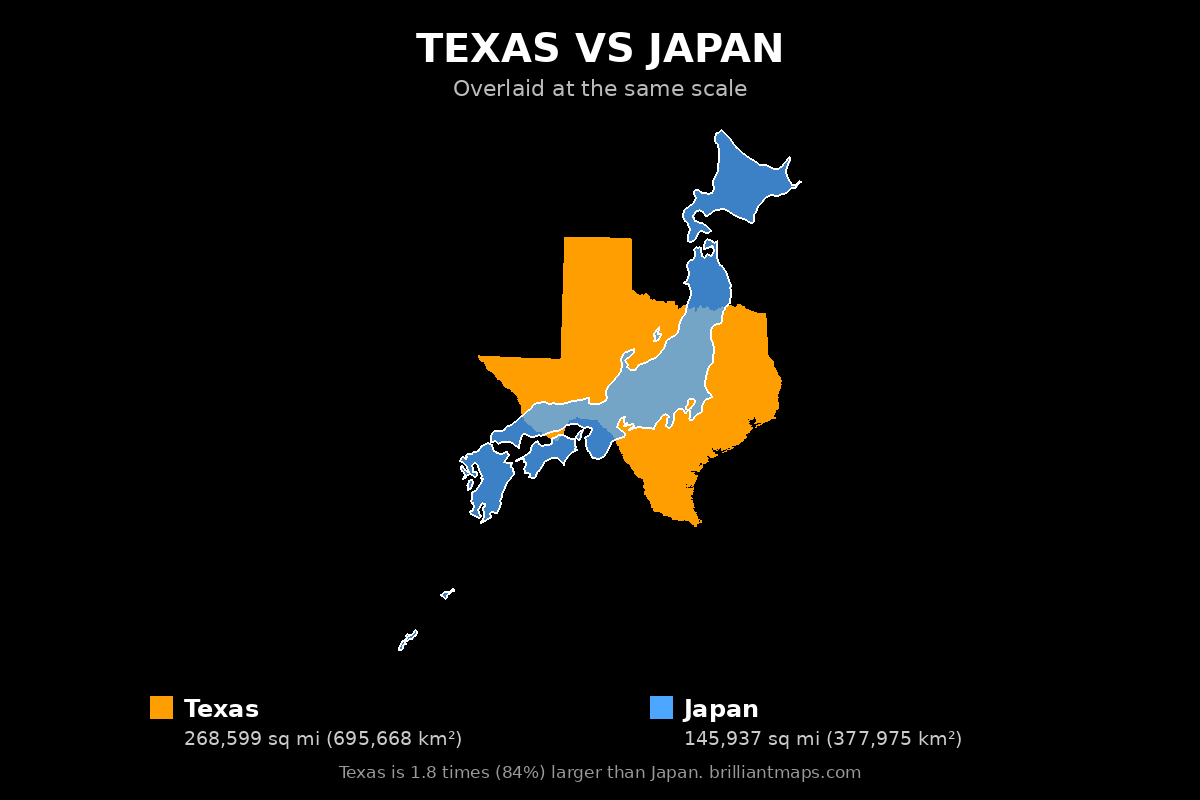 Texas vs Japan Size Comparison Map