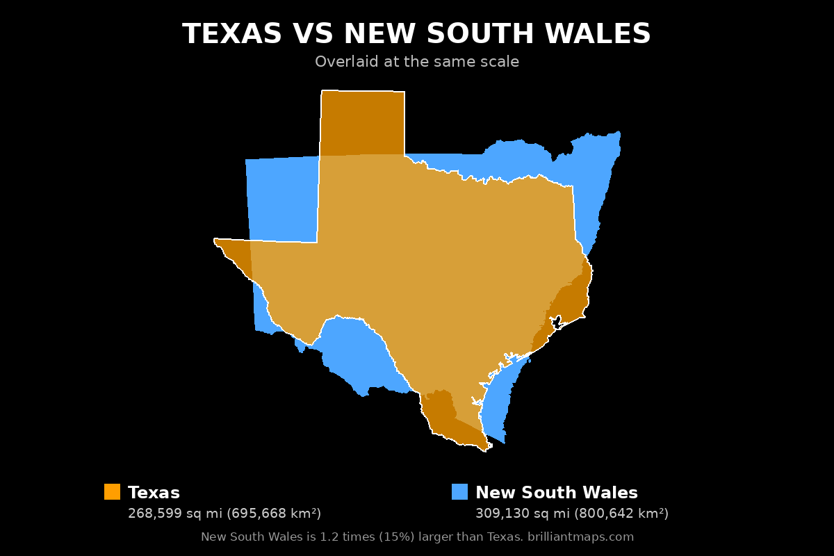 Texas vs New South Wales Size Comparison Map