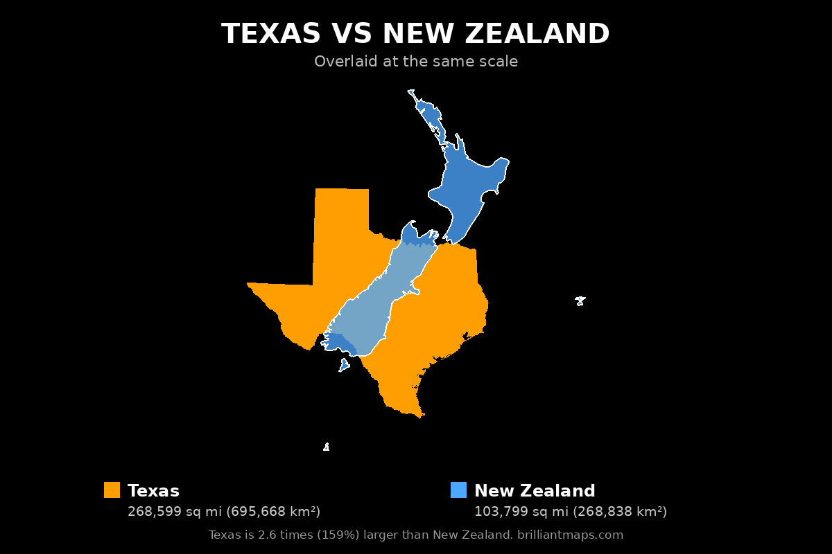 Texas vs New Zealand Size Comparison Map