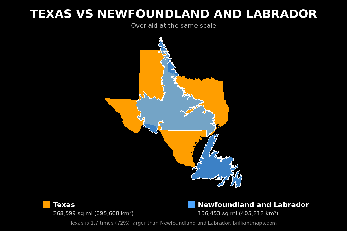 Texas vs Newfoundland and Labrador Size Comparison Map