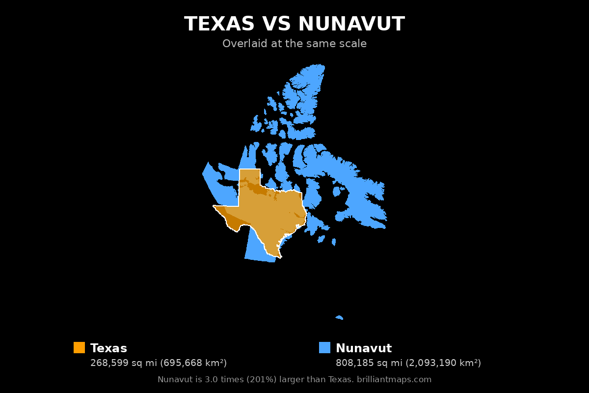 Texas vs Nunavut Size Comparison Map