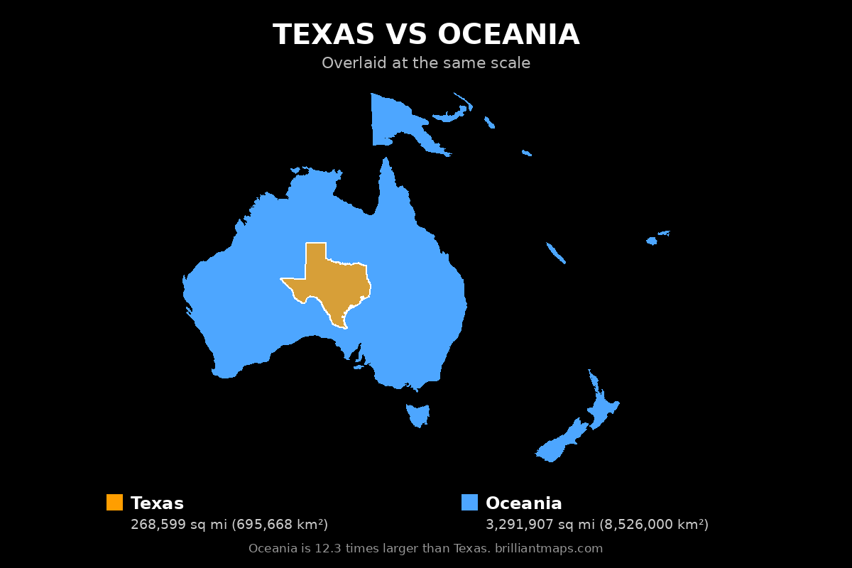 Texas vs Oceania Size Comparison Map