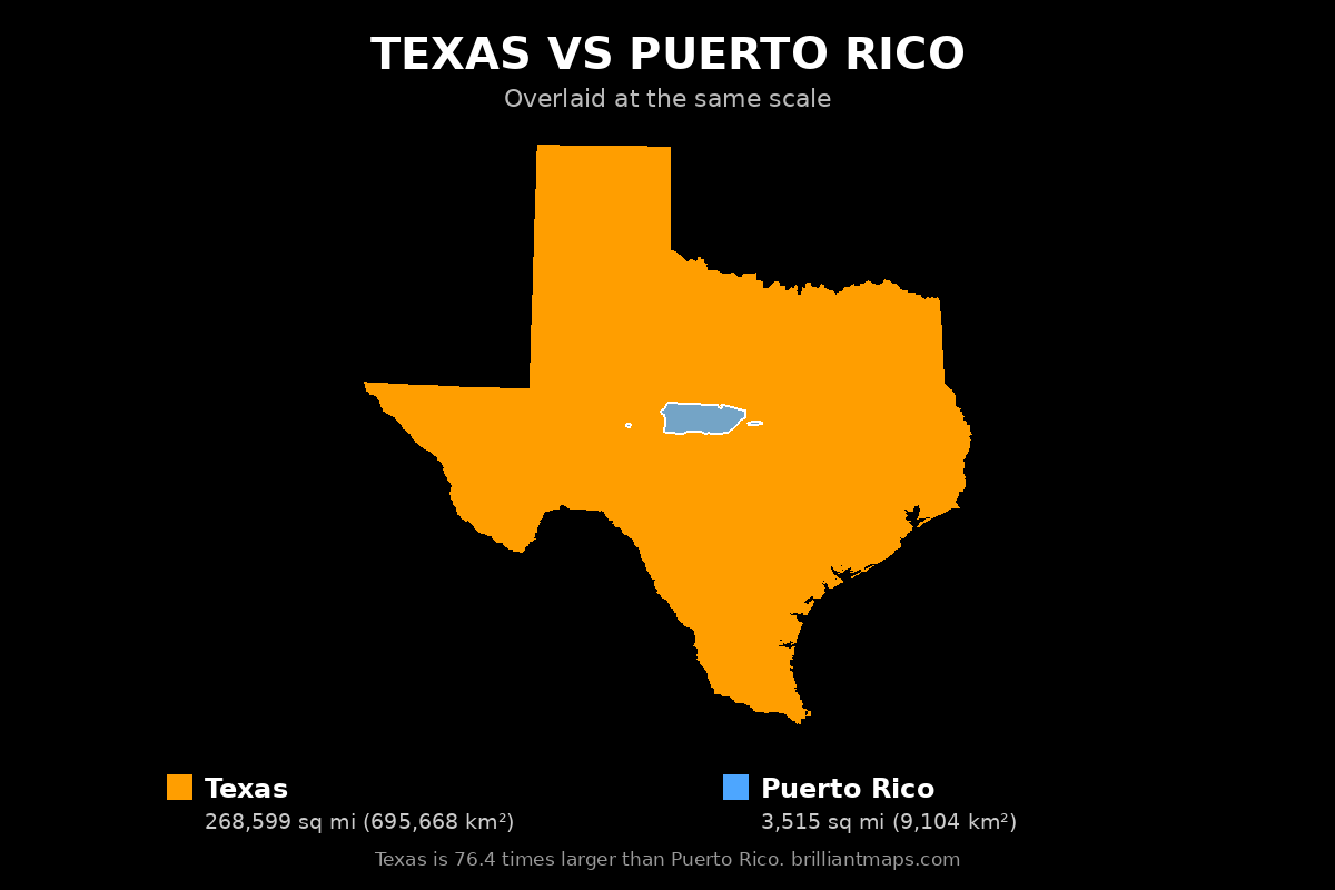 Texas vs Puerto Rico Size Comparison Map