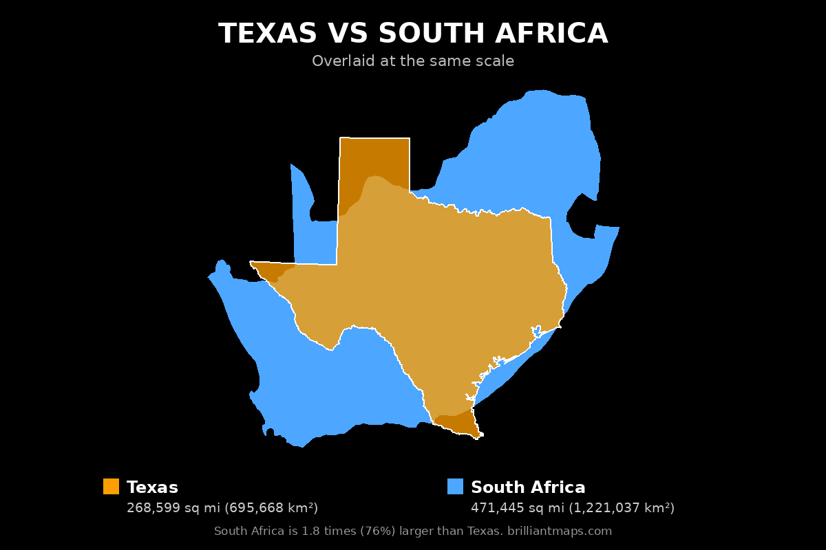 Texas vs South Africa Size Comparison Map