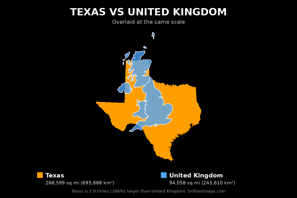 Texas vs United Kingdom Size Comparison Map