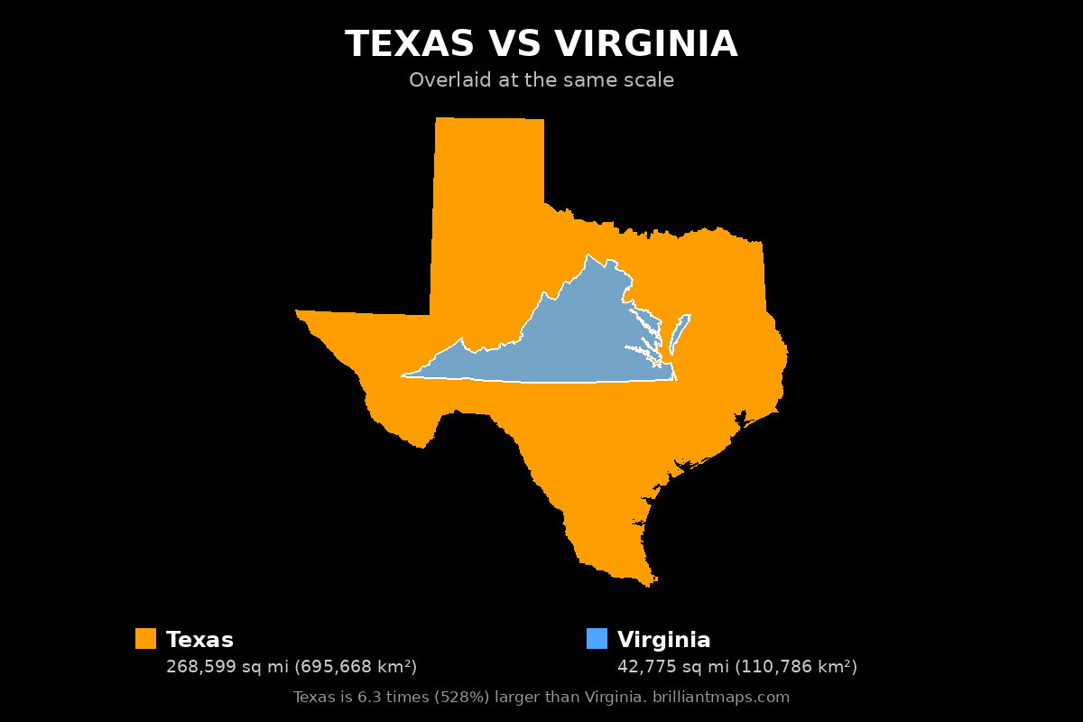 Texas vs Virginia Size Comparison Map