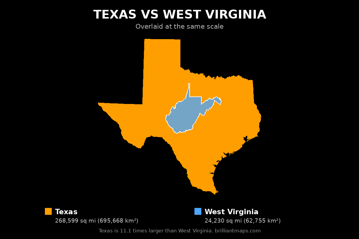 Texas vs West Virginia Size Comparison Map